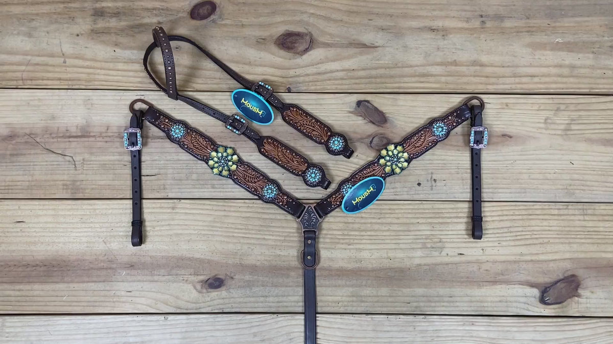 Leaf Carving with Golden Leather 3D Flower Horse Tack Set