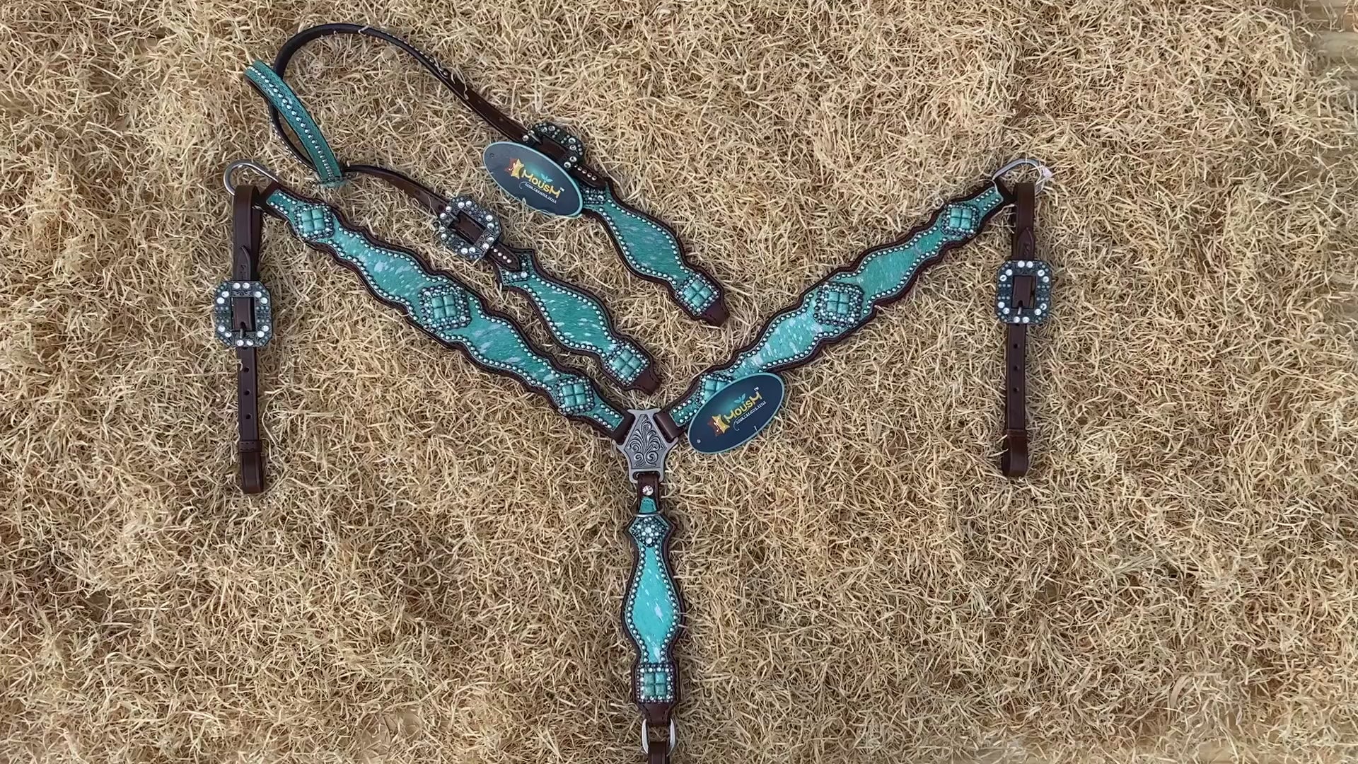 MOUSM Argentina Cow Leather Western Headstall and Breast Collar Set – Decorated with Turquoise Silver Metallic Acid Wash Cowhide Finish