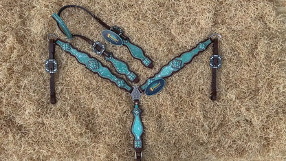 MOUSM Argentina Cow Leather Western Headstall and Breast Collar Set – Decorated with Turquoise Silver Metallic Acid Wash Cowhide Finish