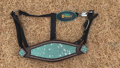 MOUSM Argentina Cow Leather Bronc Halter - Western Horse Noseband Decorated with Turquoise Metallic Acid Wash Cowhide and Rhinestones Conchos