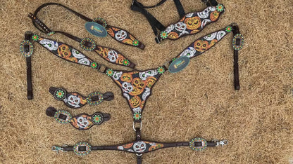 MOUSM Spooky Western Leather Headstall &amp; Breast Collar Set – Decorated with Black-White-Orange Halloween Pumpkin Print with Reflective Rhinestone Conchos