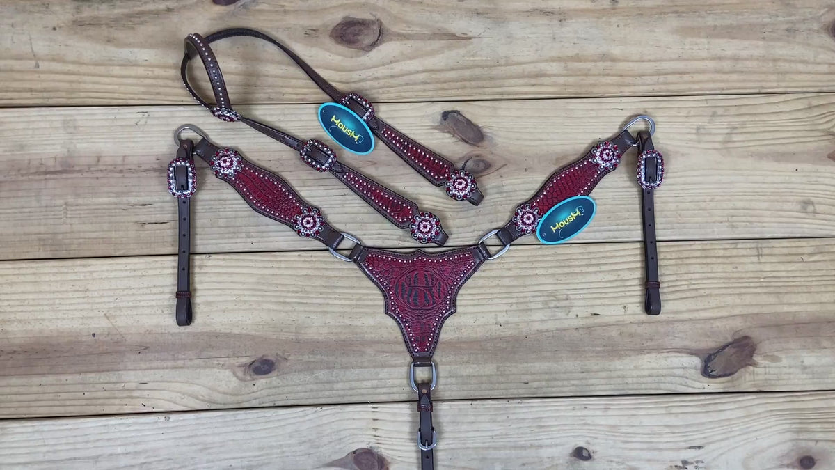 breast collar and headstall set featuring red alligator textured made with genuine argentina cow leather and silver studs on one ear and cheekpieces