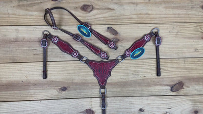 breast collar and headstall set featuring red alligator textured made with genuine argentina cow leather and silver studs on one ear and cheekpieces