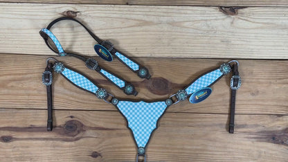 MOUSM Western Leather Headstall and Breast Collar Set – Argentina Cow Leather Horse Tack Set Decorated with Sky Blue Checkered Vector Flags Illustration Design on White Background and Shining Rhinestones Conchos