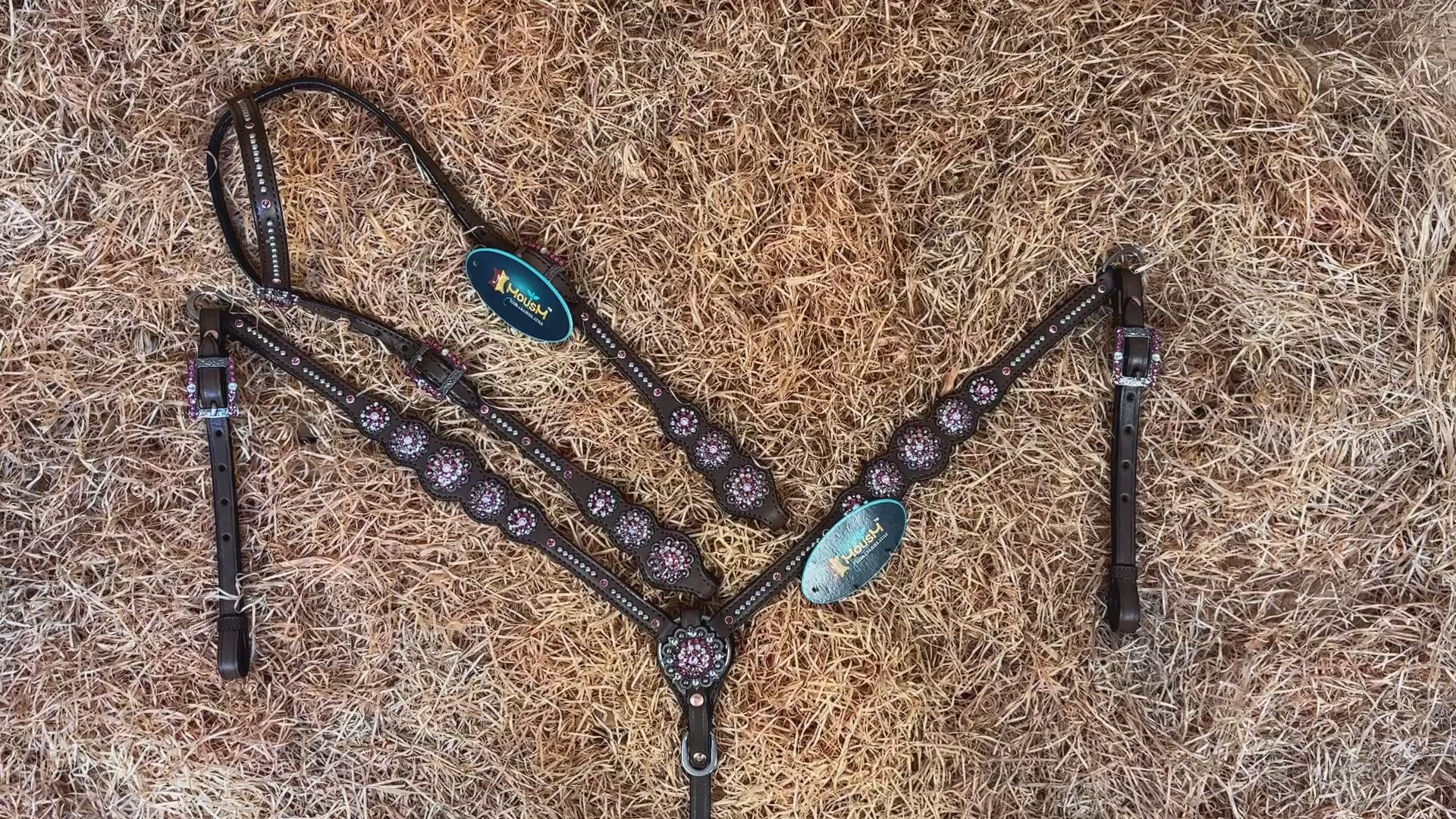 MOUSM Argentina Cow Leather Western Leather Headstall and Breast Collar Tack Set with Sleek Symmetric Design, Silver Metal Beads, Unique Flower Conchos, and Buckle with Pink and White Clear Stone