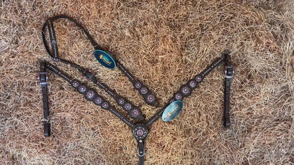 MOUSM Argentina Cow Leather Western Leather Headstall and Breast Collar Tack Set with Sleek Symmetric Design, Silver Metal Beads, Unique Flower Conchos, and Buckle with Pink and White Clear Stone