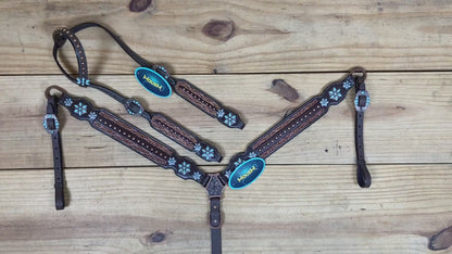 handcrafted argentina cow leather western headstall set with antique copper studs and border tooling 