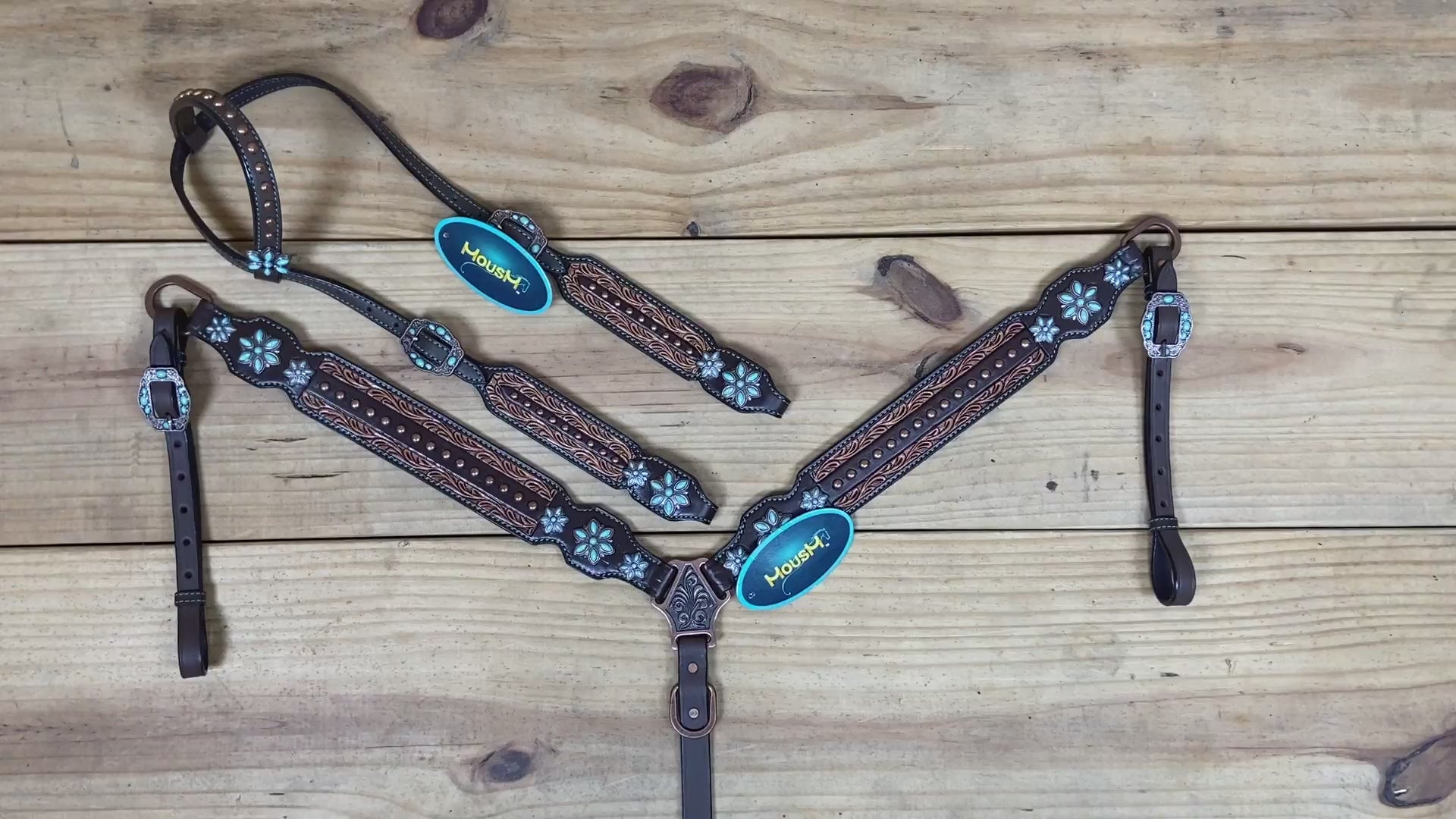 handcrafted argentina cow leather western headstall set with antique copper studs and border tooling 