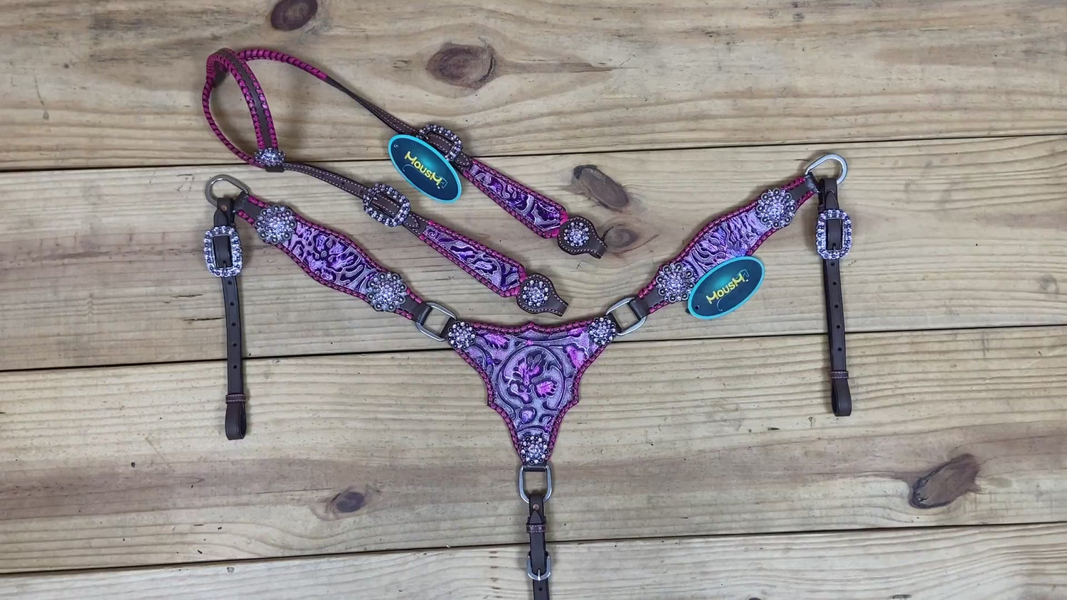 beautiful pink and purple flower embossed western headstall set with whip stitching  