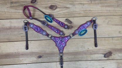 beautiful pink and purple flower embossed western headstall set with whip stitching  
