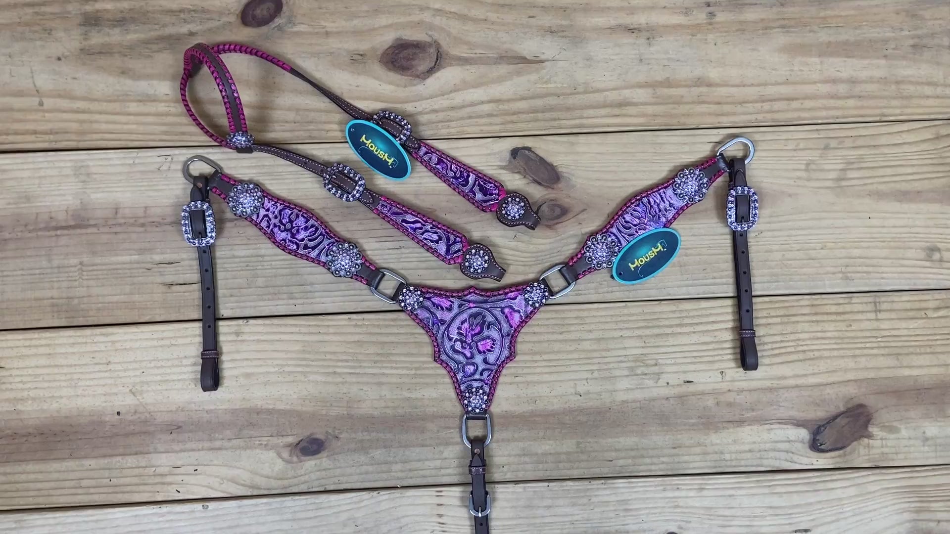 beautiful pink and purple flower embossed western headstall set with whip stitching  