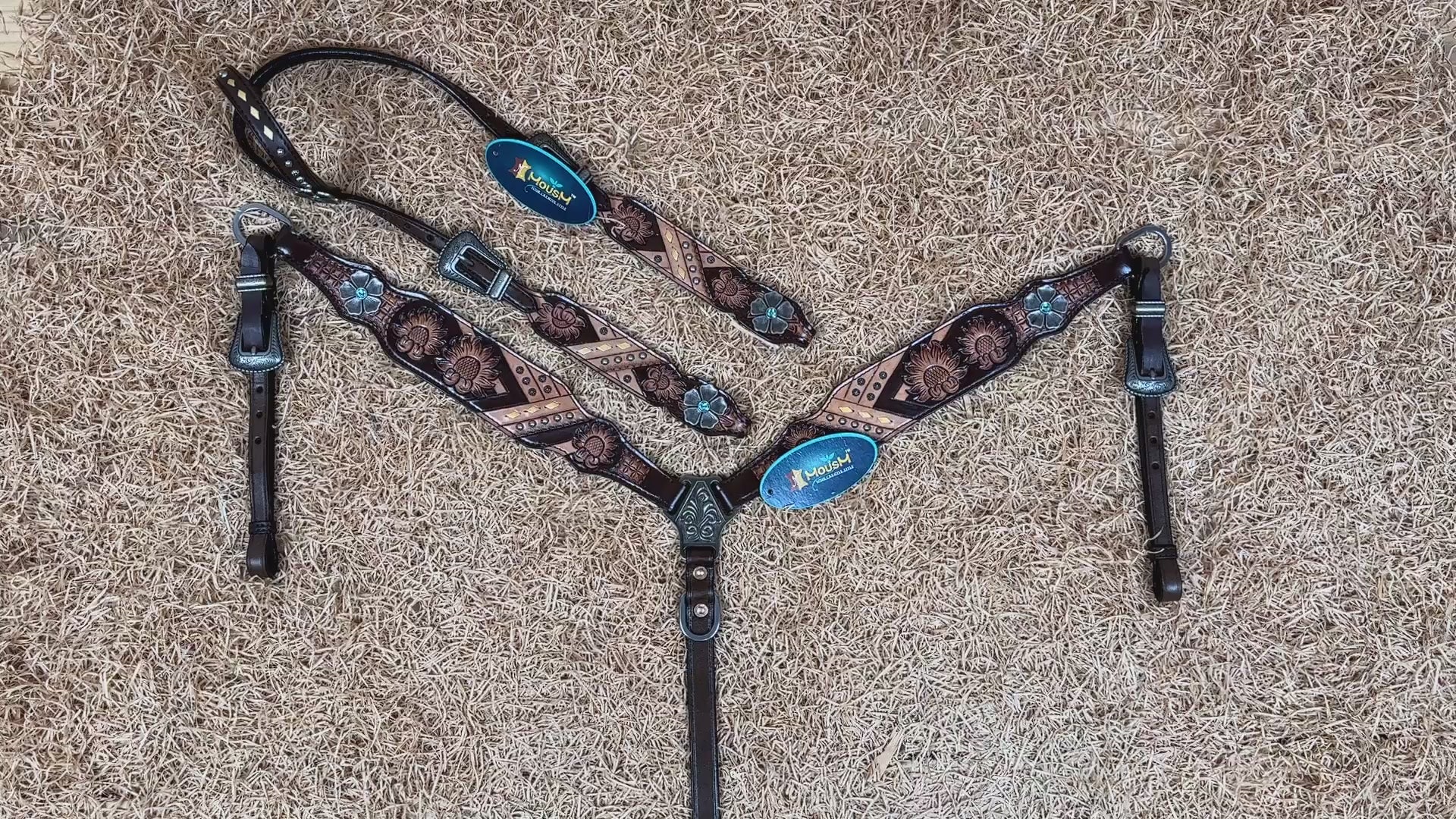 MOUSM Argentina Cow Leather Headstall and Breast Collar Set, Western Bridle Sets Hand-Carved Floral &amp; Geometric Detailing with Golden Rawhide Braiding