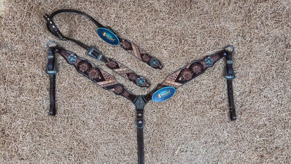 MOUSM Argentina Cow Leather Headstall and Breast Collar Set, Western Bridle Sets Hand-Carved Floral &amp; Geometric Detailing with Golden Rawhide Braiding