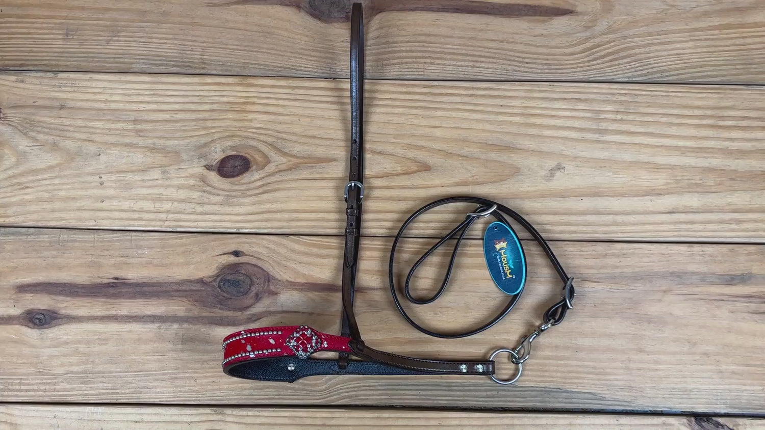 MOUSM Genuine Cow Hide Leather Tie Down Noseband with Leather Strap for Horse - Decorated with Red Metallic Acid Wash Natural Hair On Cowhide and Rhinestone Conchos, 1 Meter Strap Length and 6/8&quot; Inches width
