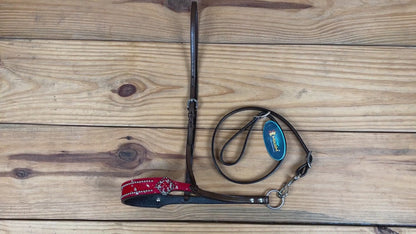 MOUSM Genuine Cow Hide Leather Tie Down Noseband with Leather Strap for Horse - Decorated with Red Metallic Acid Wash Natural Hair On Cowhide and Rhinestone Conchos, 1 Meter Strap Length and 6/8&quot; Inches width