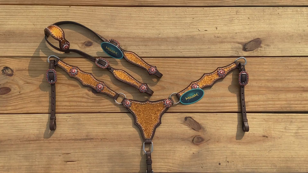 Orange Glitter Alligator Horse Tack Set with Rhinestone Conchos