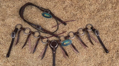 MOUSM Western Ring Headstall and Breast Collar Set – Decorated with Antique Nickel Rings, Metallic Leopard Leather Fringe on Brown Leather Braided Browband and Cheekpiece
