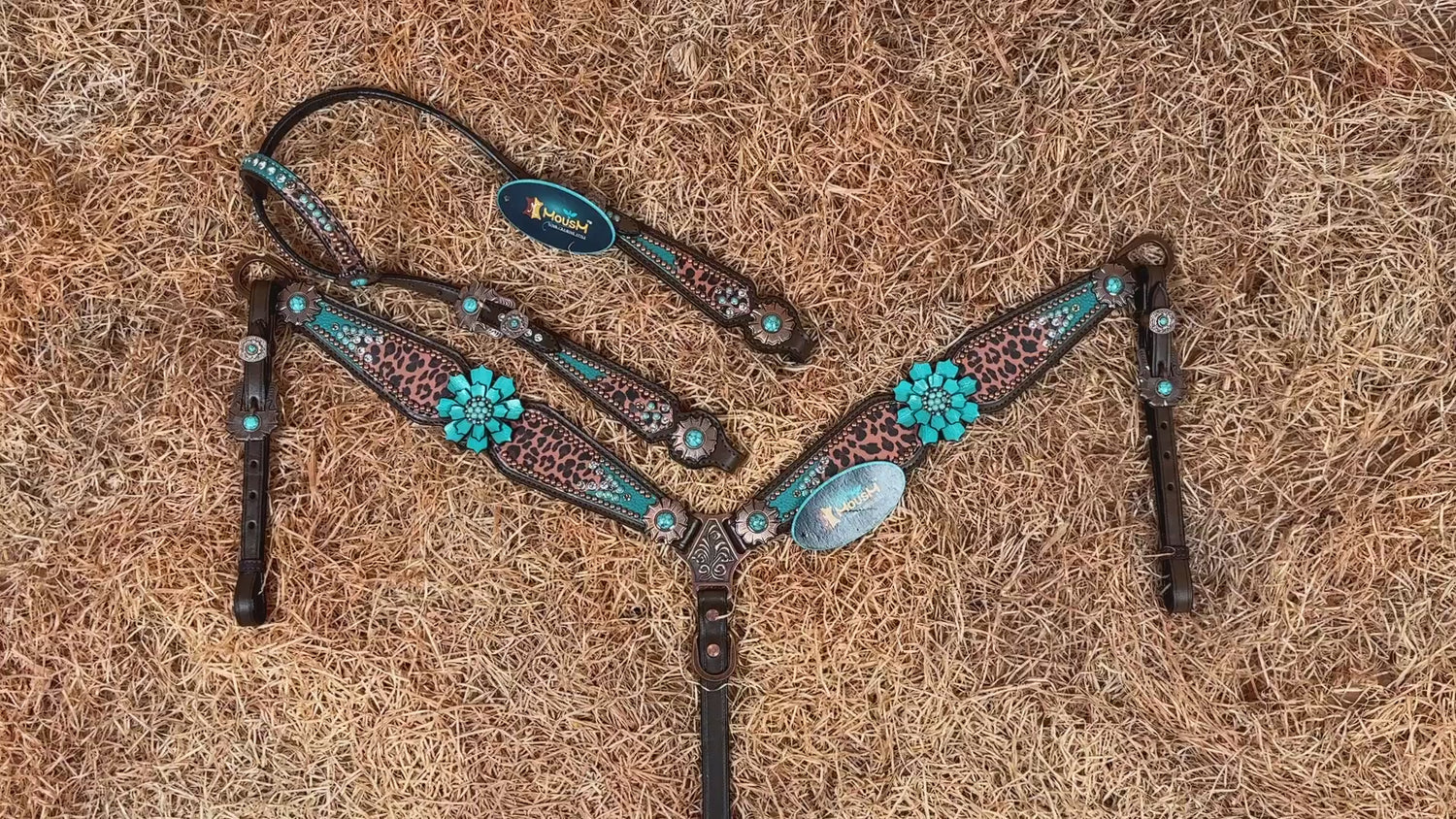 MOUSM Argentina Cow Leather Headstall &amp; Breast Collar Set – Western Bridle with Leopard Carving &amp; White Rawhide Braiding