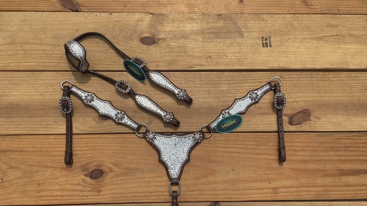 Silver Glitter Headstall Set with Rhinestone Conchos, Silver Studs