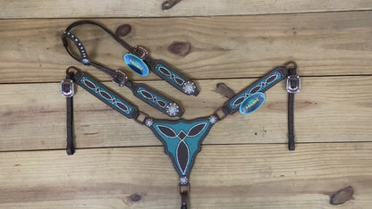 leather filigree headstall and breast collar set with rhinestone berry conchos
