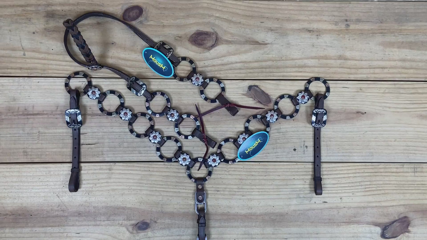 western headstall tack set with two tone antique nickel rings and braided leather