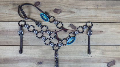 western headstall tack set with two tone antique nickel rings and braided leather