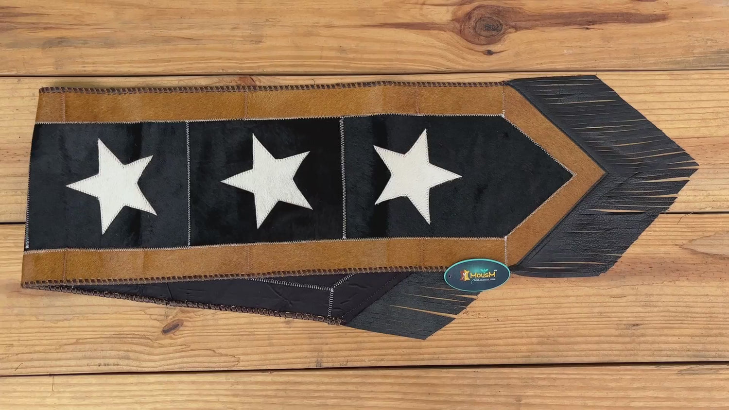 MOUSM Real Cowhide Leather Table Runner – 72x12 Inches, Handcrafted with Silver Star on a Black Sky Theme, Surrounded by a Golden Edge and Black Leather Fringe on Both Sides