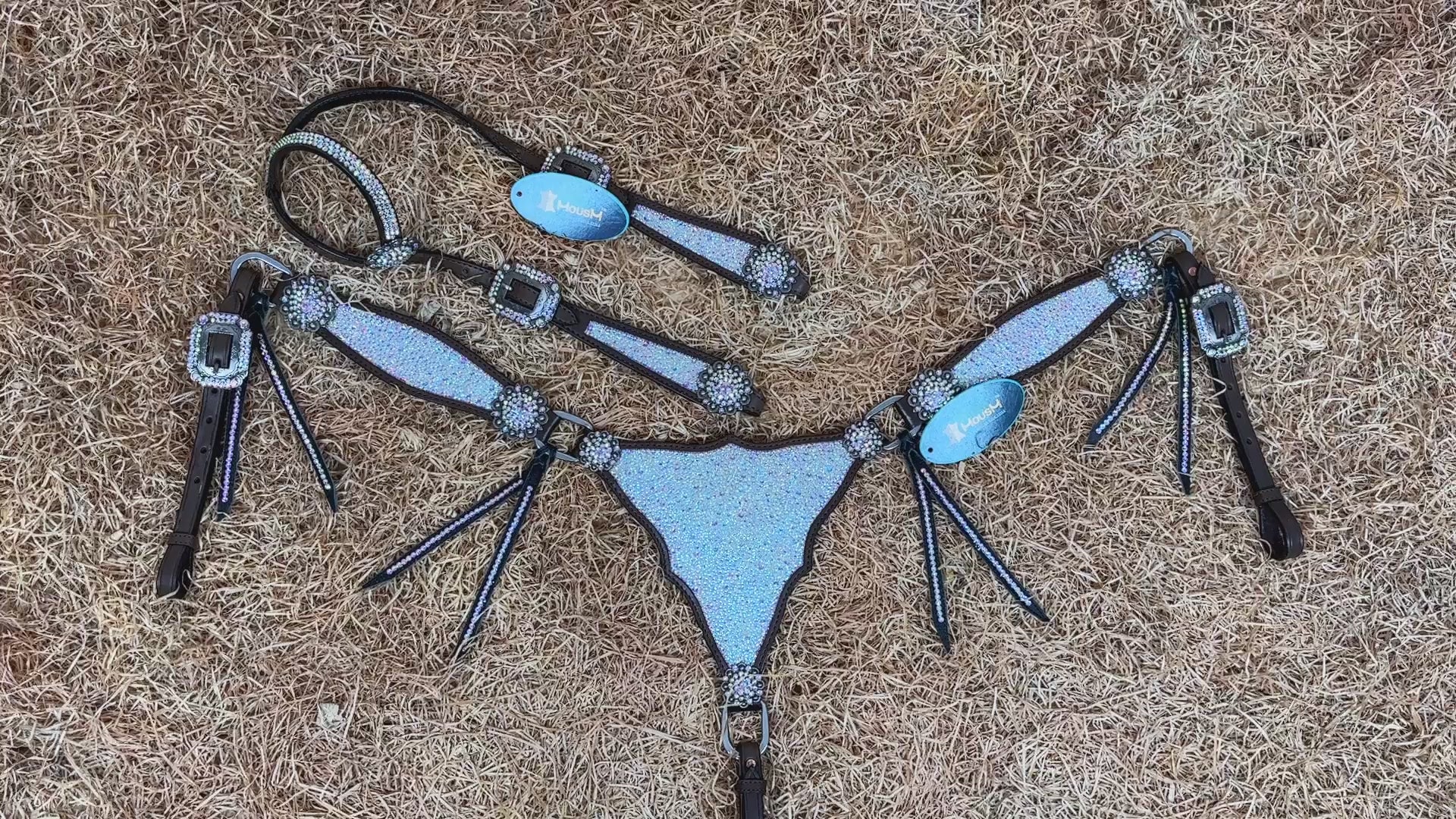 MOUSM Western Headstall and Breast Collar Set – Argentina Cow Leather Horse Tack Set Decorated with AB Rhinestones on Gladiator Breast Collar with Roping and Bling Conchos