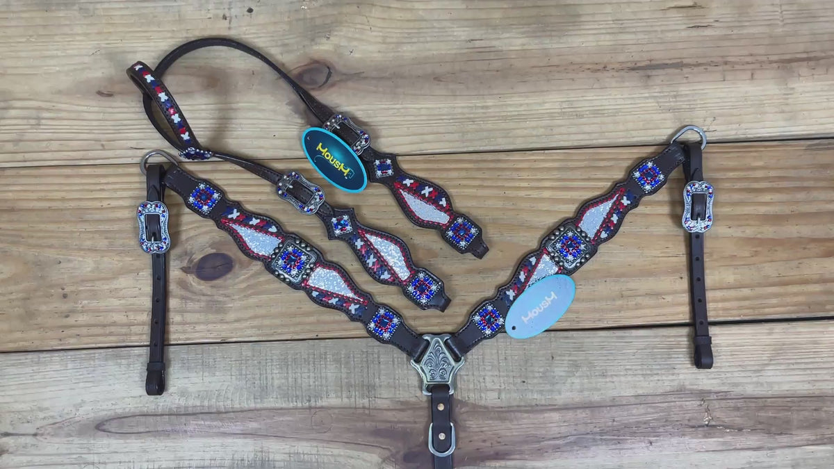 Western Leather Headstall and Breast Collar tack Set decorated with Patriotic Red Royal white stone conchos with silver glitter inlay and royal red ,white raw hide braiding