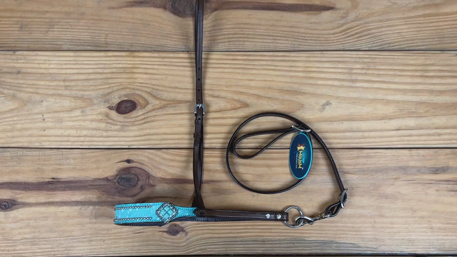 MOUSM Genuine Cow Hide Leather Tie Down Noseband with Leather Strap for Horse - Decorated with Turquoise Metallic Acid Wash Natural Hair On Cowhide and Alligator Turquoise Stone, 1 Meter Strap Length and 6/8&quot; Inches width