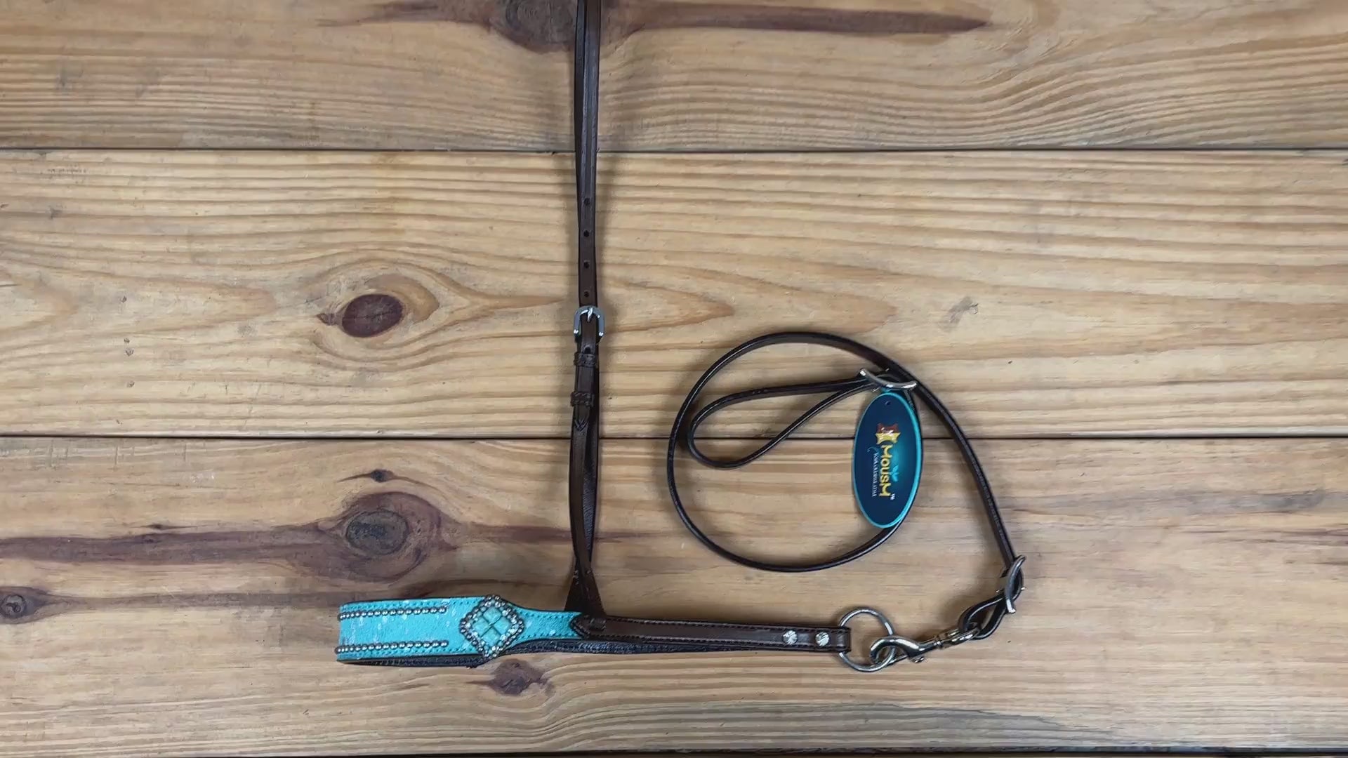 MOUSM Genuine Cow Hide Leather Tie Down Noseband with Leather Strap for Horse - Decorated with Turquoise Metallic Acid Wash Natural Hair On Cowhide and Alligator Turquoise Stone, 1 Meter Strap Length and 6/8&quot; Inches width