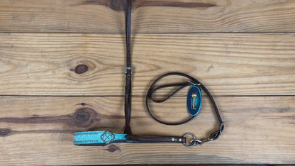 MOUSM Genuine Cow Hide Leather Tie Down Noseband with Leather Strap for Horse - Decorated with Turquoise Metallic Acid Wash Natural Hair On Cowhide and Alligator Turquoise Stone, 1 Meter Strap Length and 6/8&quot; Inches width