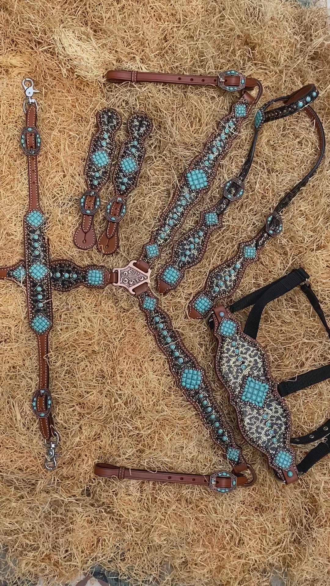 Leopard Print and Turquoise Stone Western Horse Tack Set