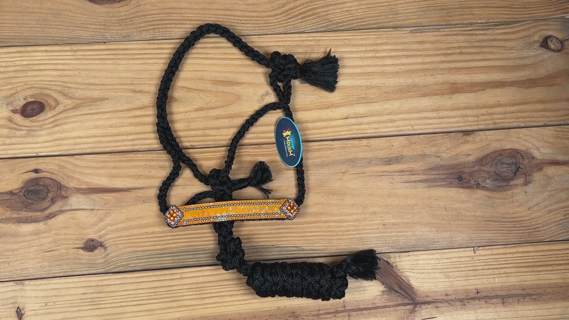 MOUSM Mule Halter for Horse - 1.5&quot; Inches Wide Noseband Decorated with Orange Acid Wash Hair on Cowhide Leather and Crystal Rhinestone Concho, 7.5&