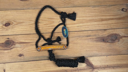 MOUSM Mule Halter for Horse - 1.5&quot; Inches Wide Noseband Decorated with Orange Acid Wash Hair on Cowhide Leather and Crystal Rhinestone Concho, 7.5&