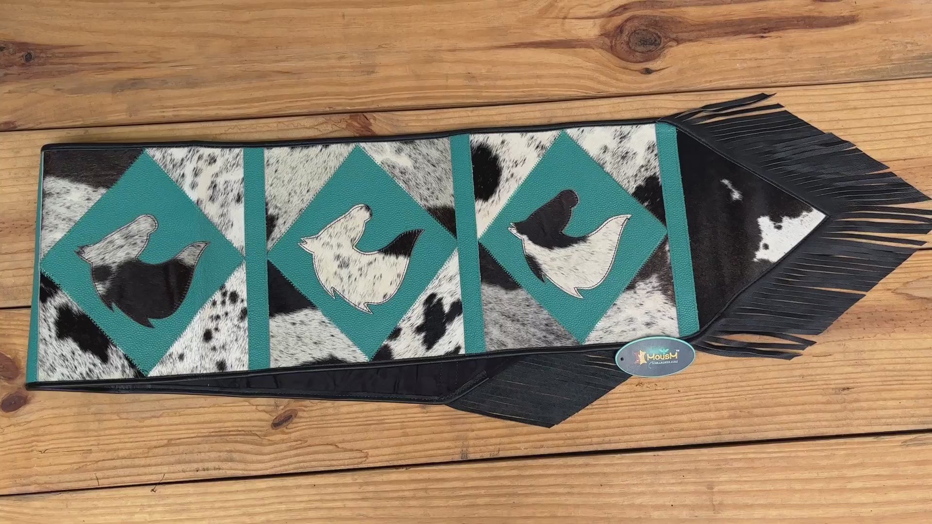 MOUSM Real Cow Hide Leather Table Runner – 72x12 Inches, Decorated with Acid Wash Hair-On Turquoise Diamond Square Patches, Central Horse Face Design and Black Leather Fringe