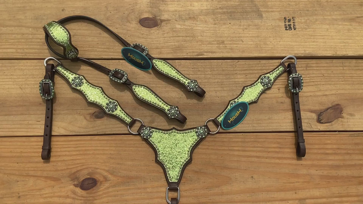 Lime Green Glitter Alligator Design Headstall Tack Set