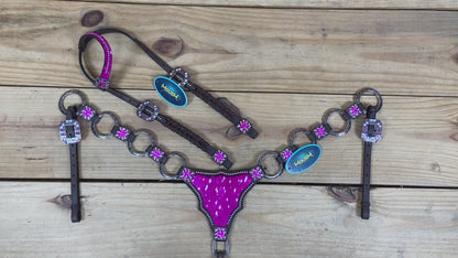 Pink acid wash gladiator breast collar and one ear headstall set with braided cheekpieces and engraved metal rings