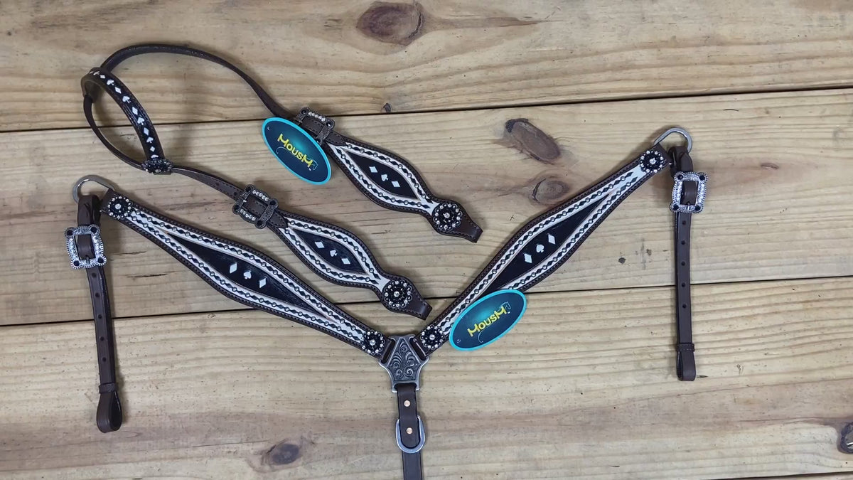 black and white hand painted western headstall with gamble design with poker card symbol
