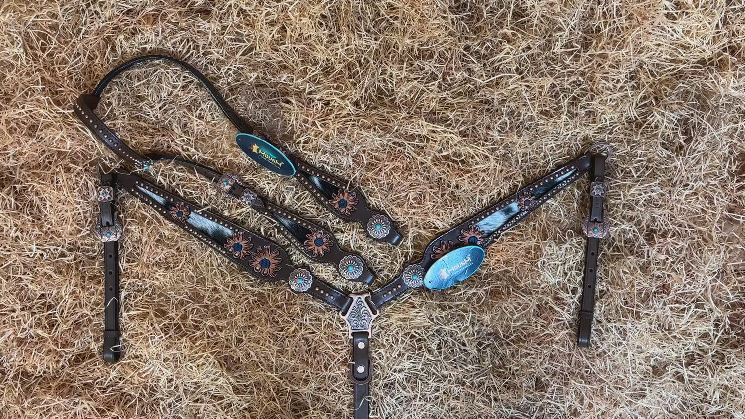 MOUSM Argentina Cow Leather Headstall &amp; Breast Collar Set – Western Horse Tack Set Decorated with Real Cowhide Inlay and Hand-Tooled Sunflower Engraved Conchos