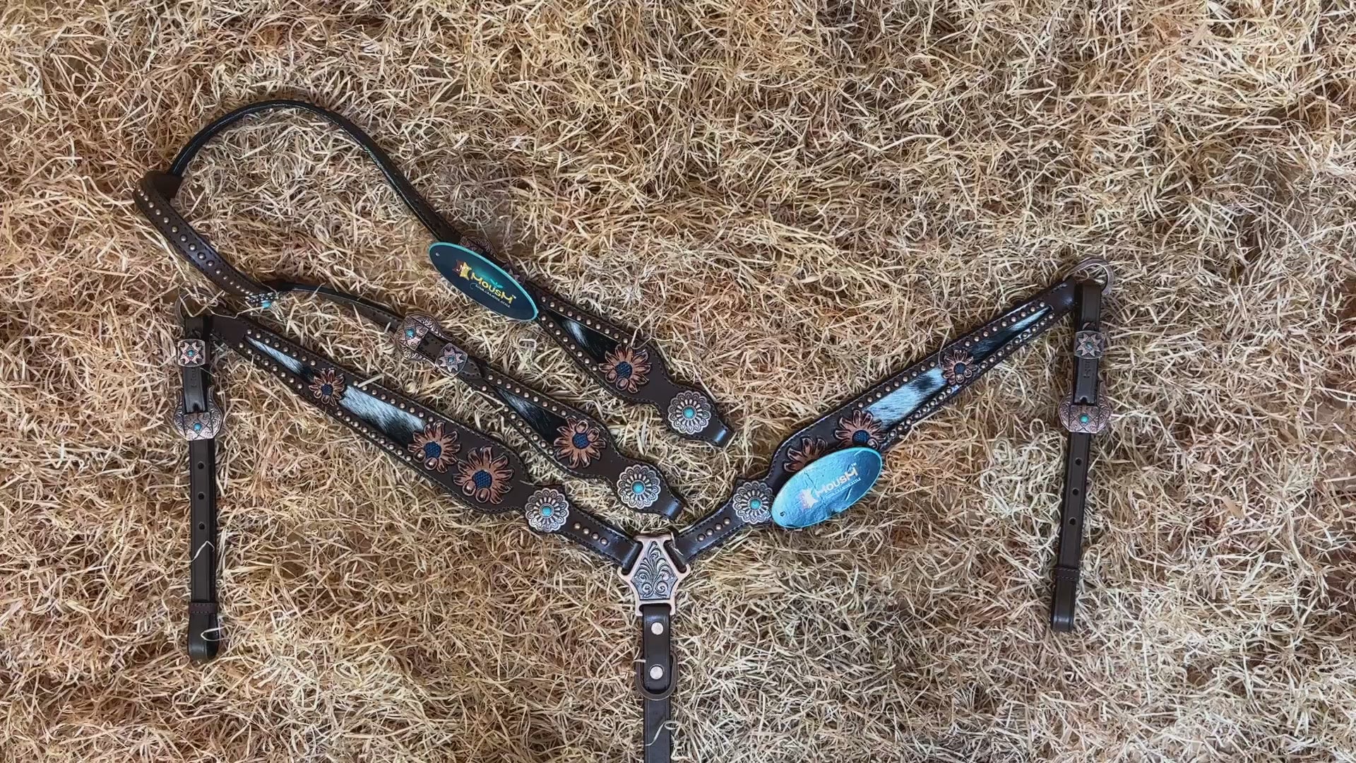 MOUSM Argentina Cow Leather Headstall &amp; Breast Collar Set – Western Horse Tack Set Decorated with Real Cowhide Inlay and Hand-Tooled Sunflower Engraved Conchos