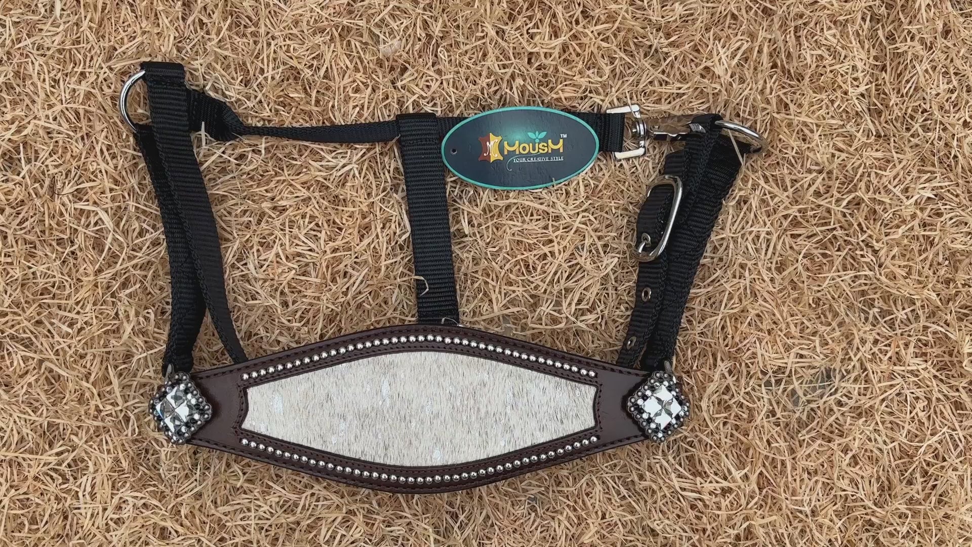 MOUSM Argentina Cow Leather Bronc Halter - Western Horse Noseband Decorated with White Metallic Acid Wash Cowhide and Rhinestones Conchos