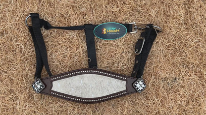 MOUSM Argentina Cow Leather Bronc Halter - Western Horse Noseband Decorated with White Metallic Acid Wash Cowhide and Rhinestones Conchos
