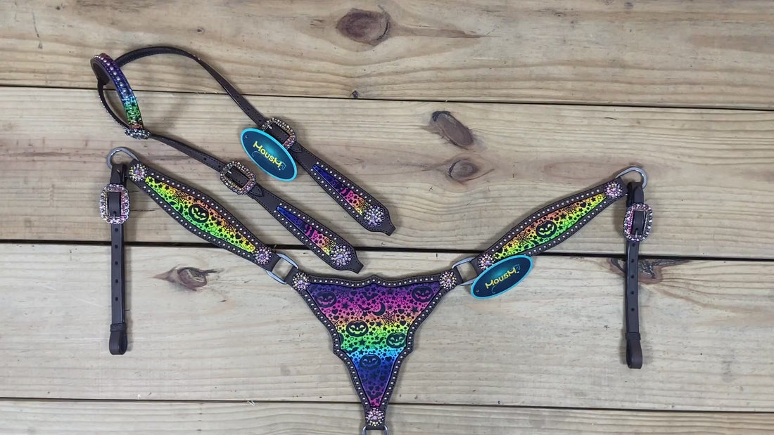 halloween rainbow print headstall western tack set with pumpkin bats spider print