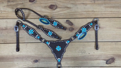 Western Horse Headstall Tack Set Decorated with Window Tooling, Rawhide Buck Stitching, and Turquoise and White Gem Stone on Embellished MOUSM