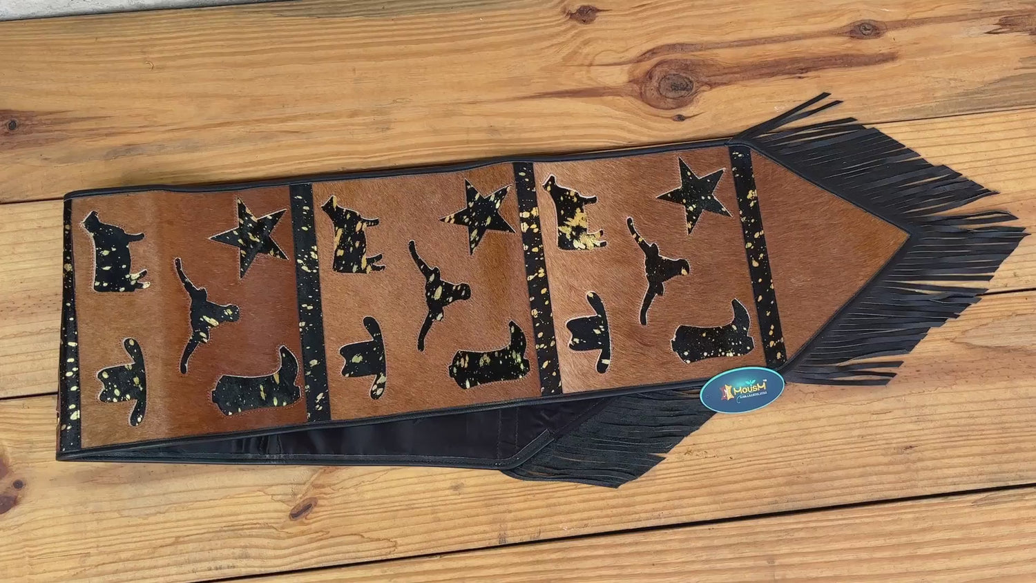 MOUSM Real Cow Hide Leather Table Runner - 72x12 Inches, Decorated with Brown Acid Wash Design with Laser Cut Related Logos with Black Fringe Both Sides
