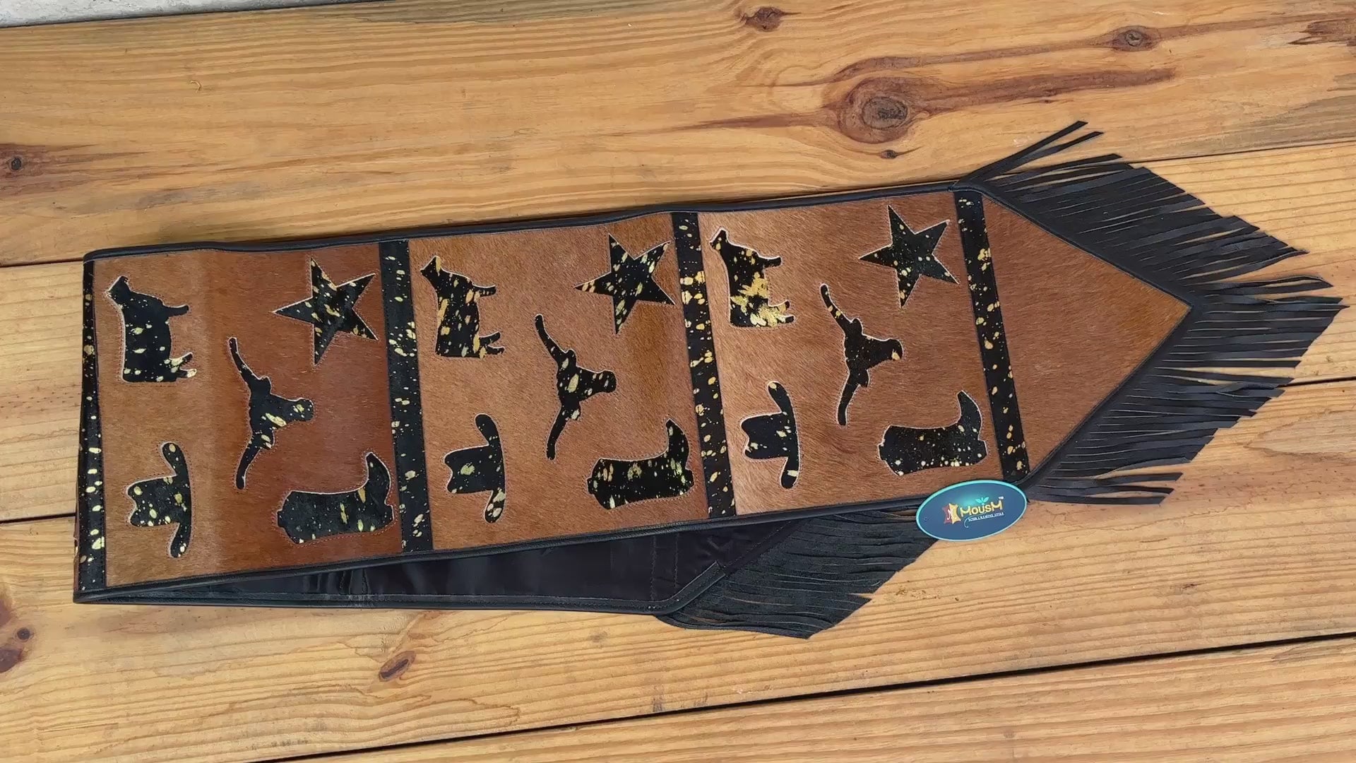 MOUSM Real Cow Hide Leather Table Runner - 72x12 Inches, Decorated with Brown Acid Wash Design with Laser Cut Related Logos with Black Fringe Both Sides