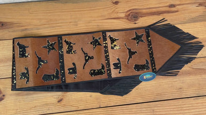 MOUSM Real Cow Hide Leather Table Runner - 72x12 Inches, Decorated with Brown Acid Wash Design with Laser Cut Related Logos with Black Fringe Both Sides