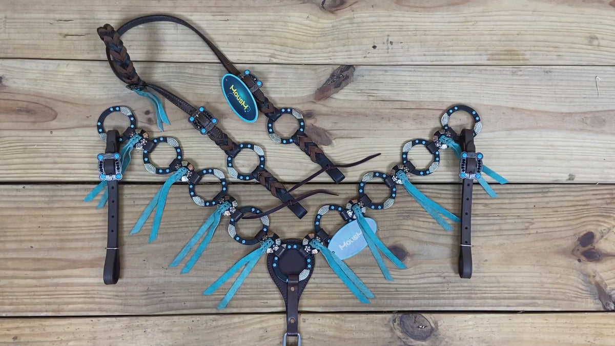 Western Handmade Headstall &amp; Breast Collar Tack Set – 2-Tone Rings with Sky Blue Stones, Antique Slot Conchos, Turquoise Laces, Genuine Argentina Cow Leather – Full Horse