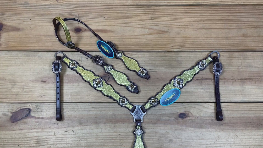 Sparkling Golden Glitter Western Headstall and Breast Collar Set